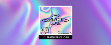 A rainbow holographic background with the words "Pride in the Park: Galatic Love, Saturday June 3rd, 2023. Volunteer Park 12pm-7pm. Learn more: SeattlePride.org"