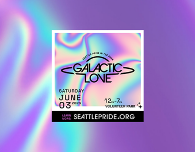 A rainbow holographic background with the words "Pride in the Park: Galatic Love, Saturday June 3rd, 2023. Volunteer Park 12pm-7pm. Learn more: SeattlePride.org"