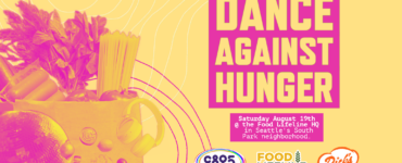 A yellow background with pink images of a bag of groceries, a disco ball and the words "Dance Against Hunger, August 19th, 2023" with the logos for c895, Foodlife Line and Dicks Drive In