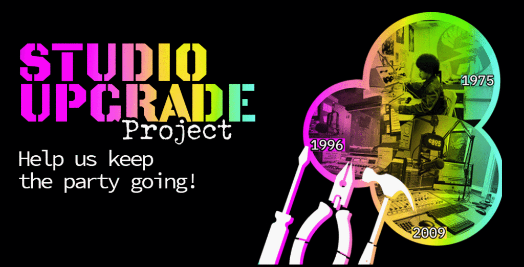 A graphic image with the words "Studio Upgrade Project" and 3 photos of the C895 studios from 1973, 1995, and 2009