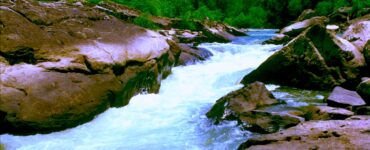 A river with water moving rapidly through a rocky landscape, creating white rapids. Other than the rapids, the water is blue. The rocks are brown and shiny from the mist of the water. In the background is a hillside with green trees. The sky is clear and blue.