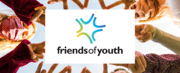 The blue and yellow for "Friends of Youth" with photos of young people making a large star with their hands