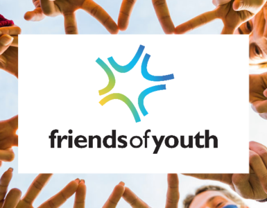 The blue and yellow for "Friends of Youth" with photos of young people making a large star with their hands