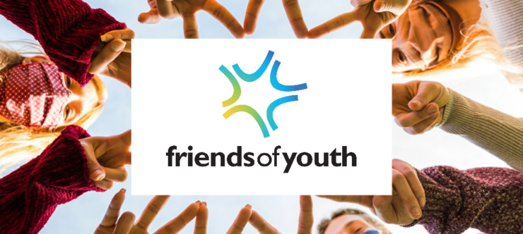 The blue and yellow for "Friends of Youth" with photos of young people making a large star with their hands
