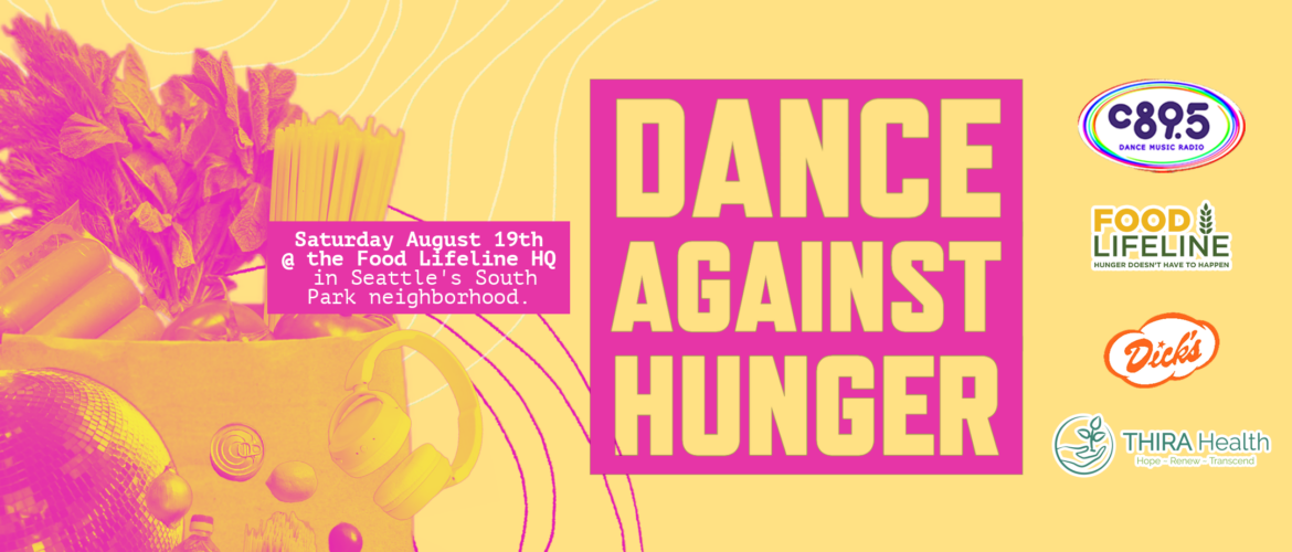 A yellow background with pink images of a bag of groceries, a disco ball and the words "Dance Against Hunger, August 19th, 2023" with the logos for c895, Foodlife Line and Dicks Drive In