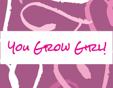 A background of purple, pink and white hearts with the pink logo with the words "You Grow Girl"!