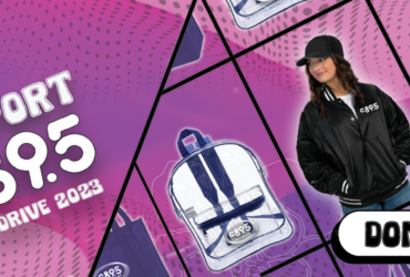 A graphic images with the words Support C89.5 Fall Drive 2023, and an image of a woman in a black baseball jacket with the c89.5 logo on it and also an image of a clear, plastic backpack with the c89.5 logo.