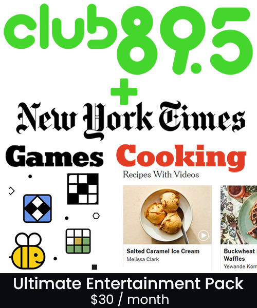 A collage of the words Club89.5, New York Times, Cooking, and Games. There are also small icons representing a crossword puzzle and images of ice cream