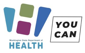 The logos for the Washington State Department of Health which is a collection of blue, green and pink shapes coming together to form a "W" beside the words "YOU CAN" in bold font surrounded by a square.
