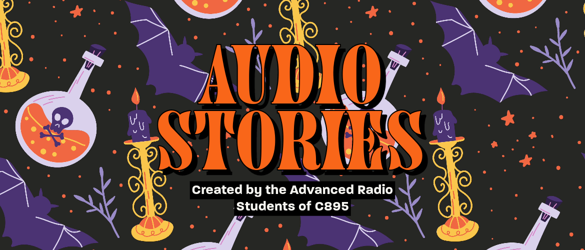 The word "Audio Stories" with a bat and chemistry vials