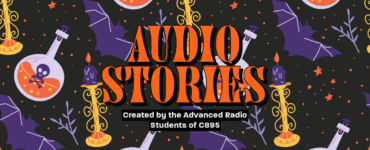 The word "Audio Stories" with a bat and chemistry vials