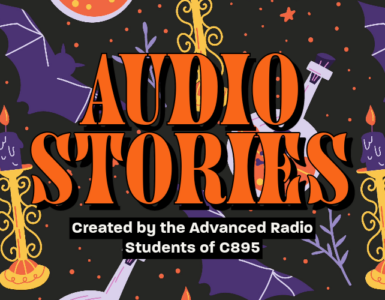 The word "Audio Stories" with a bat and chemistry vials