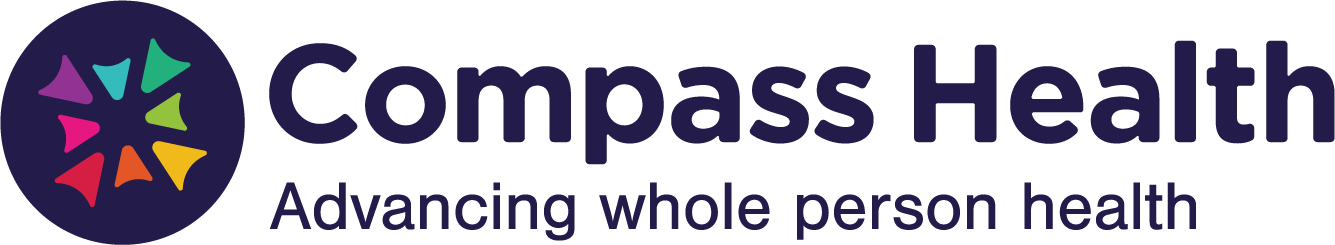 A rainbow set of triangles that look like a star with the words "Compass Health"