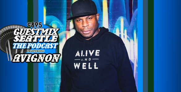 An image of Avignon with the words "Guest Mix Seattle: The Podcast feauring Avignon" with an image of the Space Needle