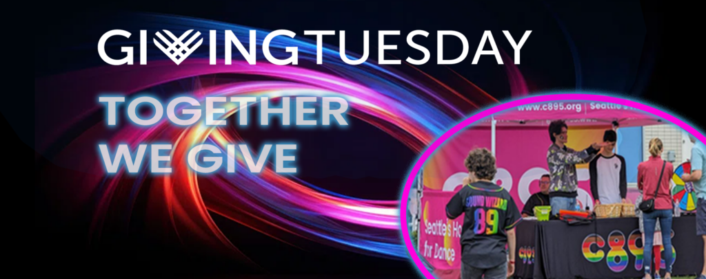 A graphic image with the words "Giving Tuesday" and "Together We Give". At the bottom right corner is a photo of c89.5 students in our booth at the Museum of Flight's 2023 Jet Blast Bash.