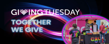A graphic image with the words "Giving Tuesday" and "Together we Give". At the bottom right corner is a photo of c89.5 students in our booth at the Museum of Flight's 2023 Jet Blast Bash.