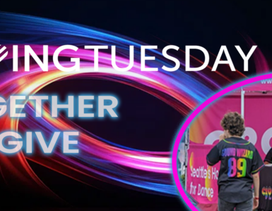 A graphic image with the words "Giving Tuesday" and "Together we Give". At the bottom right corner is a photo of c89.5 students in our booth at the Museum of Flight's 2023 Jet Blast Bash.