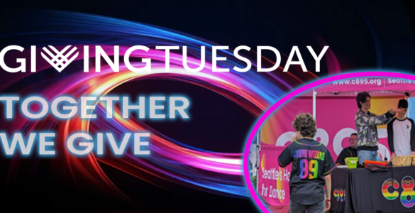 A graphic image with the words "Giving Tuesday" and "Together we Give". At the bottom right corner is a photo of c89.5 students in our booth at the Museum of Flight's 2023 Jet Blast Bash.