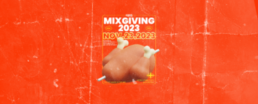 An orange background featuring a turkey with the words "Mixgiving 2023"