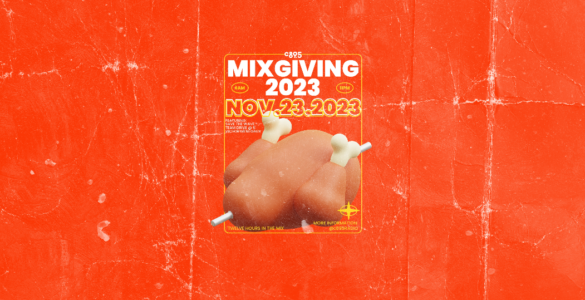 An orange background featuring a turkey with the words "Mixgiving 2023"