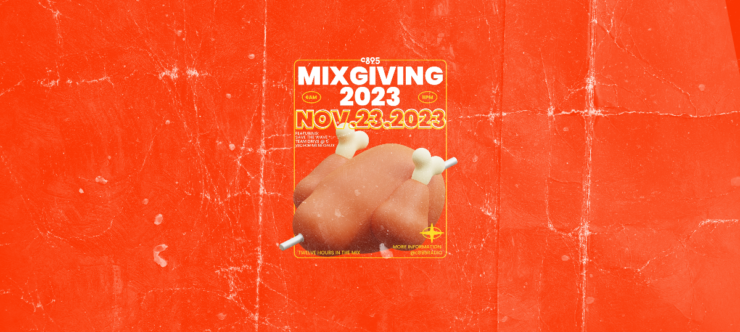 An orange background featuring a turkey with the words "Mixgiving 2023"