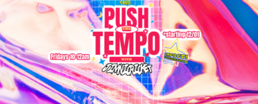 A colorful background with the words "Push The Tempo with Jimni Cricket, Friday 10-midnight starting 12/01"