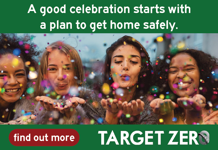 An image of four women of various races blowing confetti towards the viewer with a green block of color at the top and bottom with the words "A good celebration starts with a plan to get home safely, find out more Target Zero"