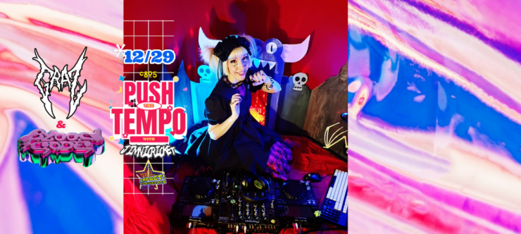 A colorful background with the words "Push The Tempo with Jimni Cricket, Friday 10-midnight" with logos for DJs GRAZ and Bloodcode