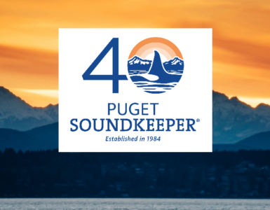 An image of an orange sunset over the Puget Sound with the number 40 with the fin of an orca in the "0" and the words "Puget SoundKeeper, established 1984"