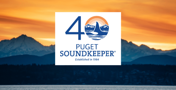 An image of an orange sunset over the Puget Sound with the number 40 with the fin of an orca in the "0" and the words "Puget SoundKeeper, established 1984"