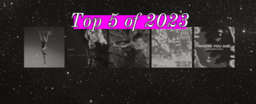 A space background with the words "Top 5 of 2023" in white and pink with the album covers featuring Anabel Englund, Rita Ora, Venbee, Miley Cyrus and John Summit & Hayla