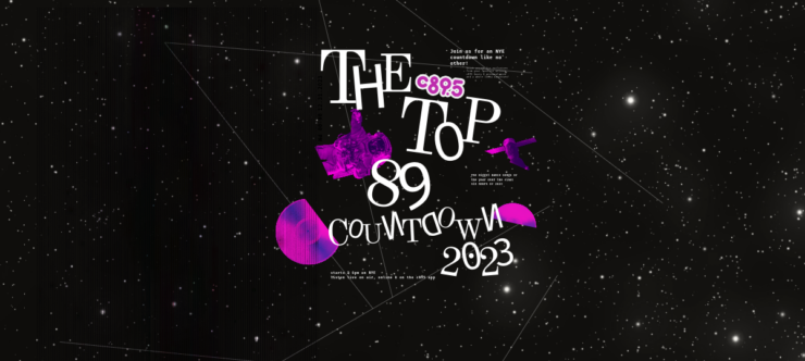 A black and white background of space with the "Top 89 Countdown 2023" with astronauts and CDs