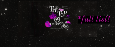 A black and white background of space with the "Top 89 Countdown 2023" with astronauts and CDs