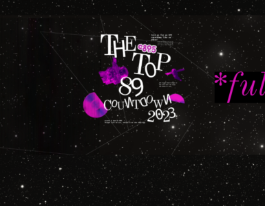A black and white background of space with the "Top 89 Countdown 2023" with astronauts and CDs