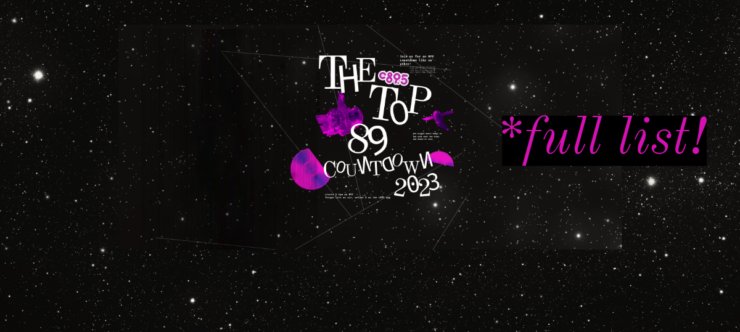 A black and white background of space with the "Top 89 Countdown 2023" with astronauts and CDs