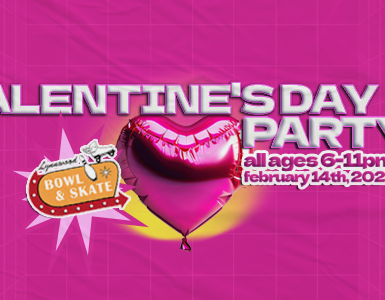 A pink background with the words "Valentine's Day Party, all ages, 6-11pm, february 14th, 2024"