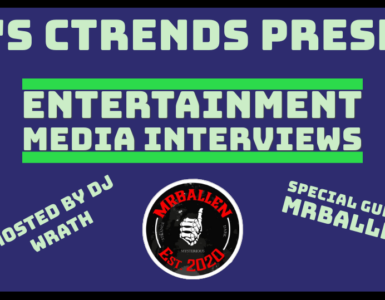 Upper text in green "C895's C-Trends Presents: Entertainment Media Interviews" Lower text in light green surrounding MrBallen logo "Hosted by DJ Wrath..... Special Guest: MrBallen. On top of purple background with c895 logo in lower left corner.