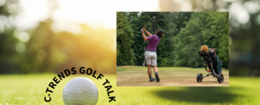 Graphic with black text "C-Trends Golf Talk" in front of golf course background. With photo of man golfing at top right of graphic.