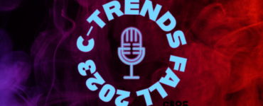 Blue text outlined with dark purple "C-Trends Fall 2023" making a circle shape surround blue and purple neon microphone graphic. Black c895 logo in bottom right corner. On purple and red smoke background.