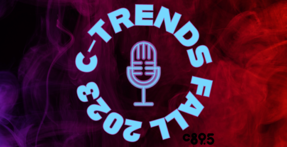 Blue text outlined with dark purple "C-Trends Fall 2023" making a circle shape surround blue and purple neon microphone graphic. Black c895 logo in bottom right corner. On purple and red smoke background.