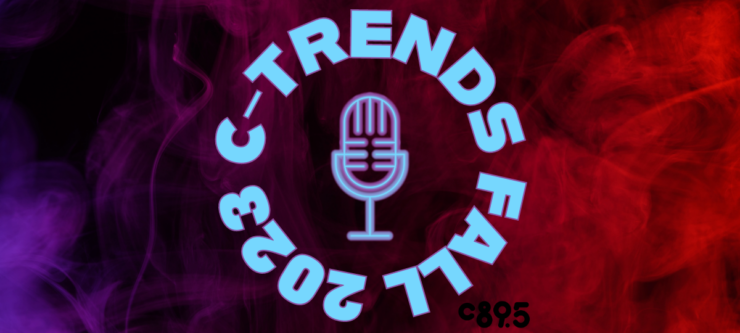 Blue text outlined with dark purple "C-Trends Fall 2023" making a circle shape surround blue and purple neon microphone graphic. Black c895 logo in bottom right corner. On purple and red smoke background.