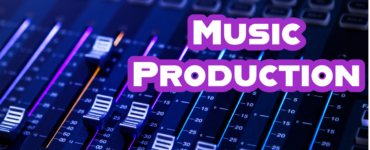 White text with thick purple outline "Music Production" sits in top left corner. On top of music production board in purple blue lighting.