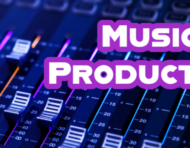 White text with thick purple outline "Music Production" sits in top left corner. On top of music production board in purple blue lighting.