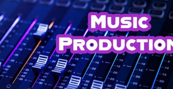 White text with thick purple outline "Music Production" sits in top left corner. On top of music production board in purple blue lighting.