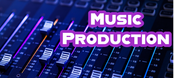 White text with thick purple outline "Music Production" sits in top left corner. On top of music production board in purple blue lighting.