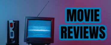 Black text with blue outline "Movie Reviews" on the right of static TV with 3D googles. On top of blue to purple gradient background.