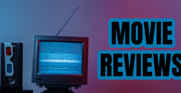 Black text with blue outline "Movie Reviews" on the right of static TV with 3D googles. On top of blue to purple gradient background.