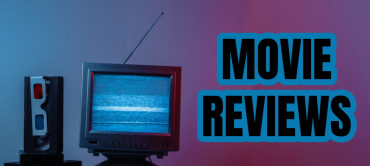 Black text with blue outline "Movie Reviews" on the right of static TV with 3D googles. On top of blue to purple gradient background.