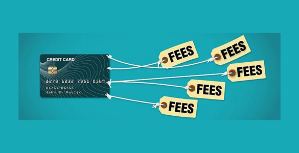 An image of a credit card on a blue background with tags attached via string that say "fees"
