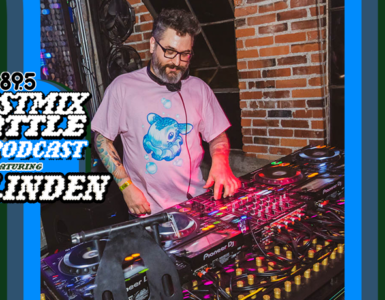 An image of Mr. Linden behind CD-Js at a club with the words "Guest Mix Seattle: The Podcast feauring Mr. Linden" with an image of the Space Needle